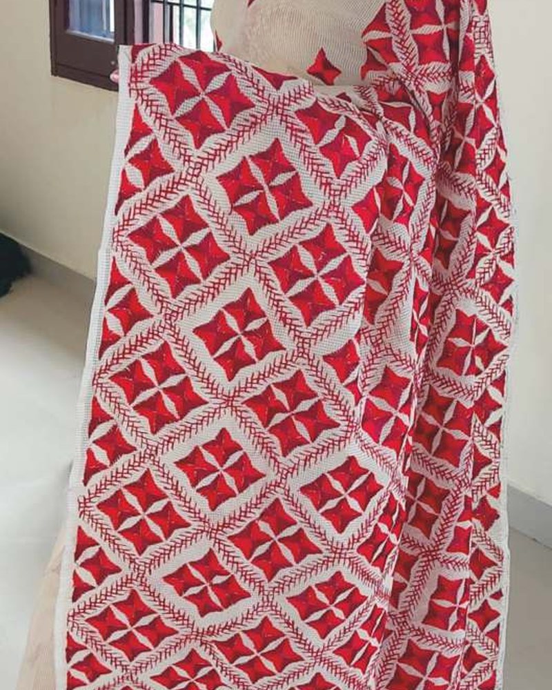 Bagh-style Phulkari covering cloth entirely in geometric red and white